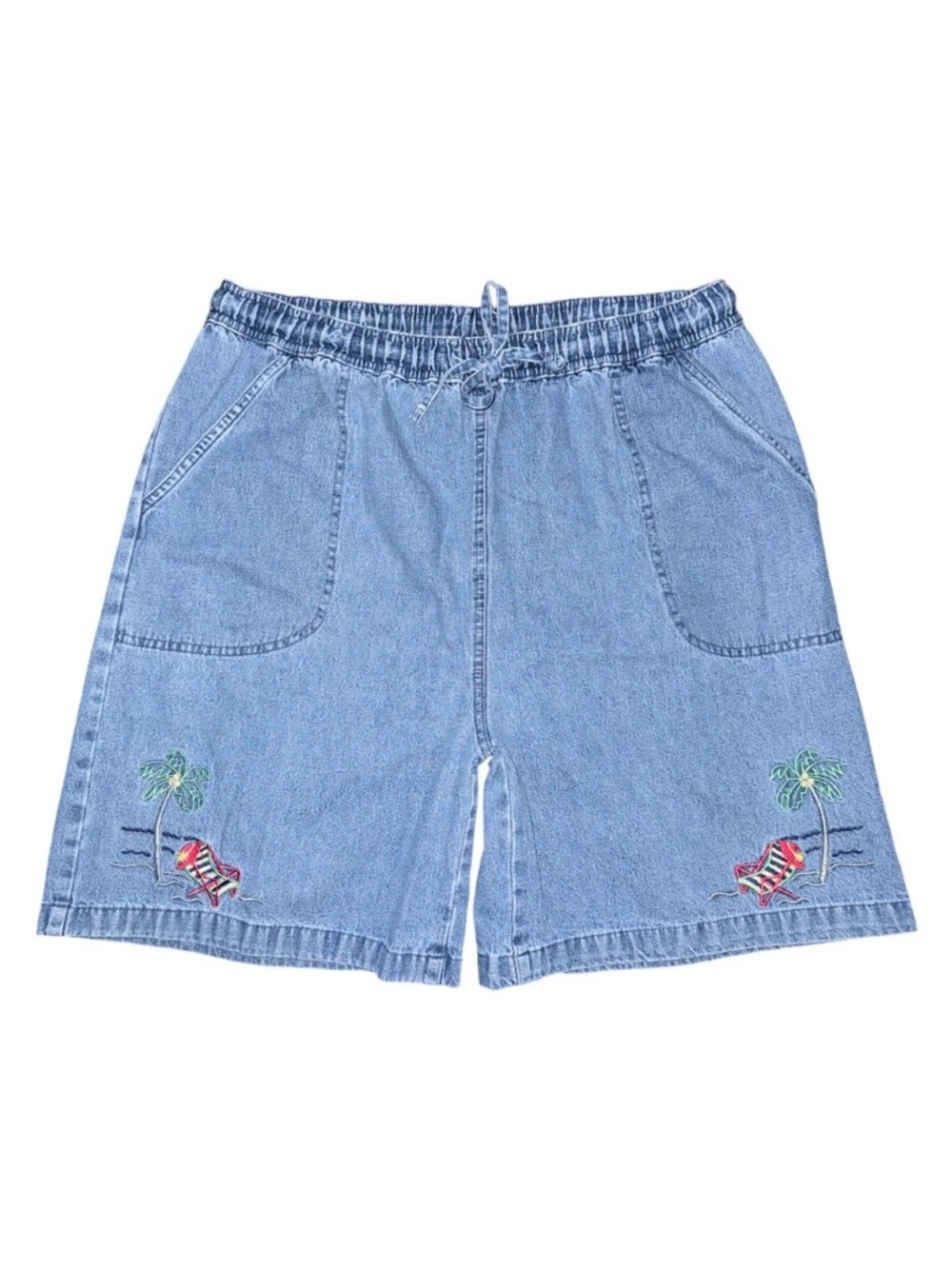 VTG KT Sport Blue Denim Pull On Shorts Women M Beach Embroidered Coastal Grandma